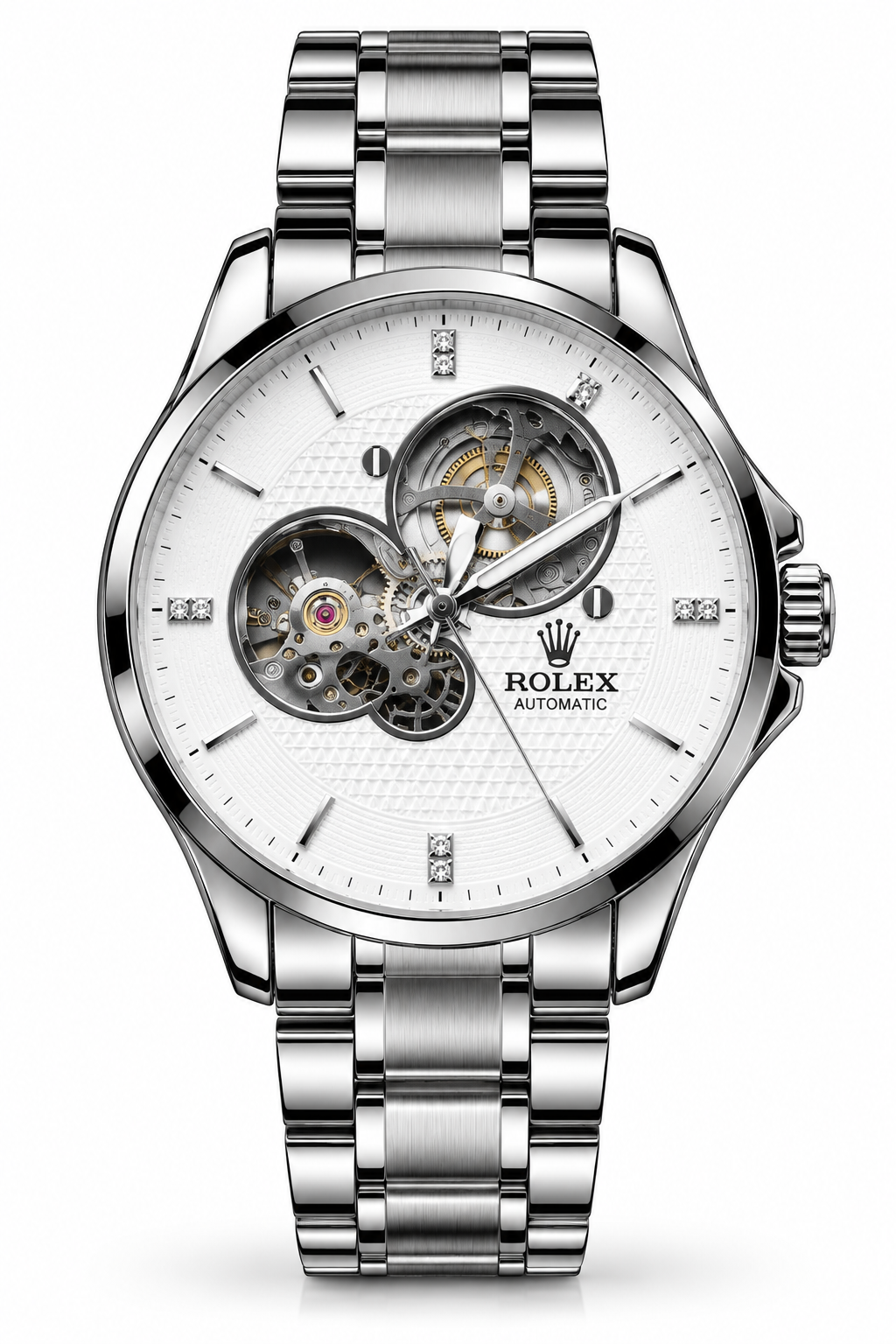 Rolex Royal Silver Skeleton Watch – White Dial Edition With og kit