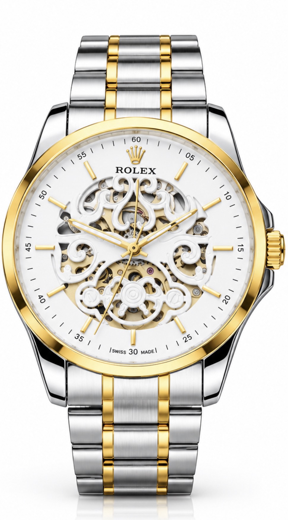 Rolex Royal White Skeleton Automatic Watch – Two-Tone Gold & Silver Finish with og kit