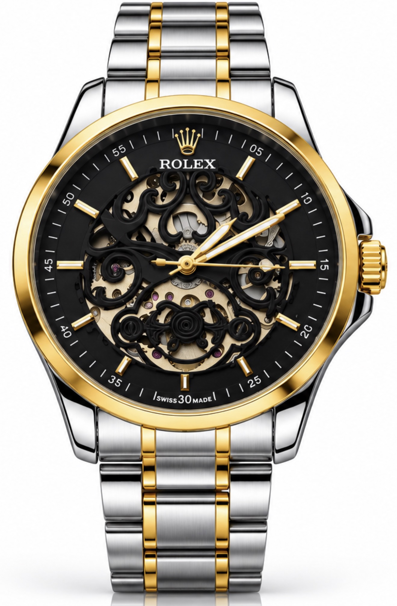 Rolex Royal Black Skeleton Automatic Watch – Two-Tone Gold & Silver Finish with og kit