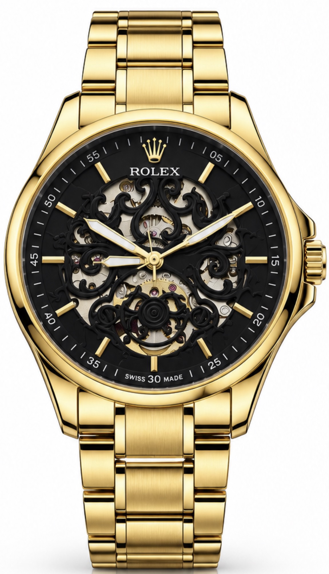 Rolex Royal Midnight Black Skeleton Watch – All-Gold Edition with og kit