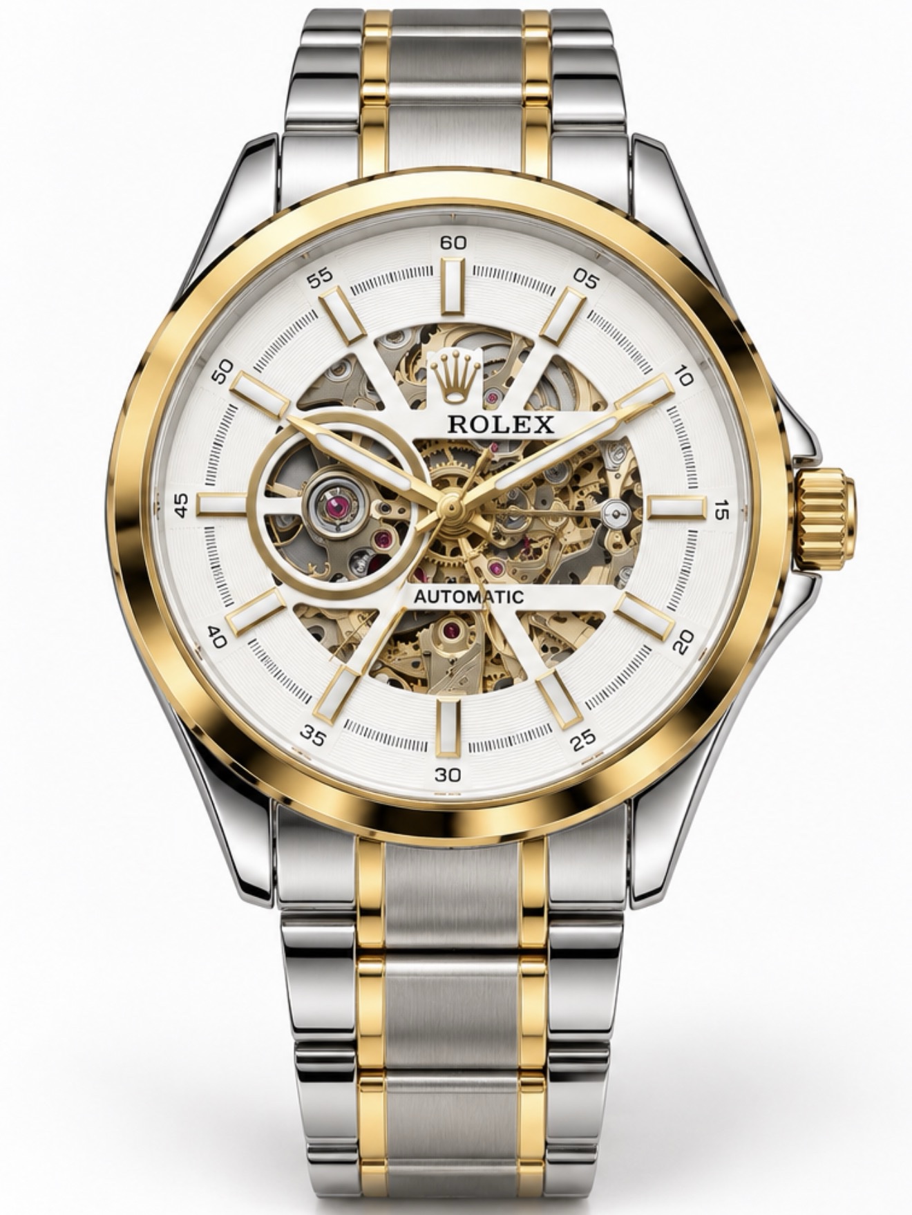 Rolex automatic Imperial White Skeleton Watch – Gold & Silver Edition.